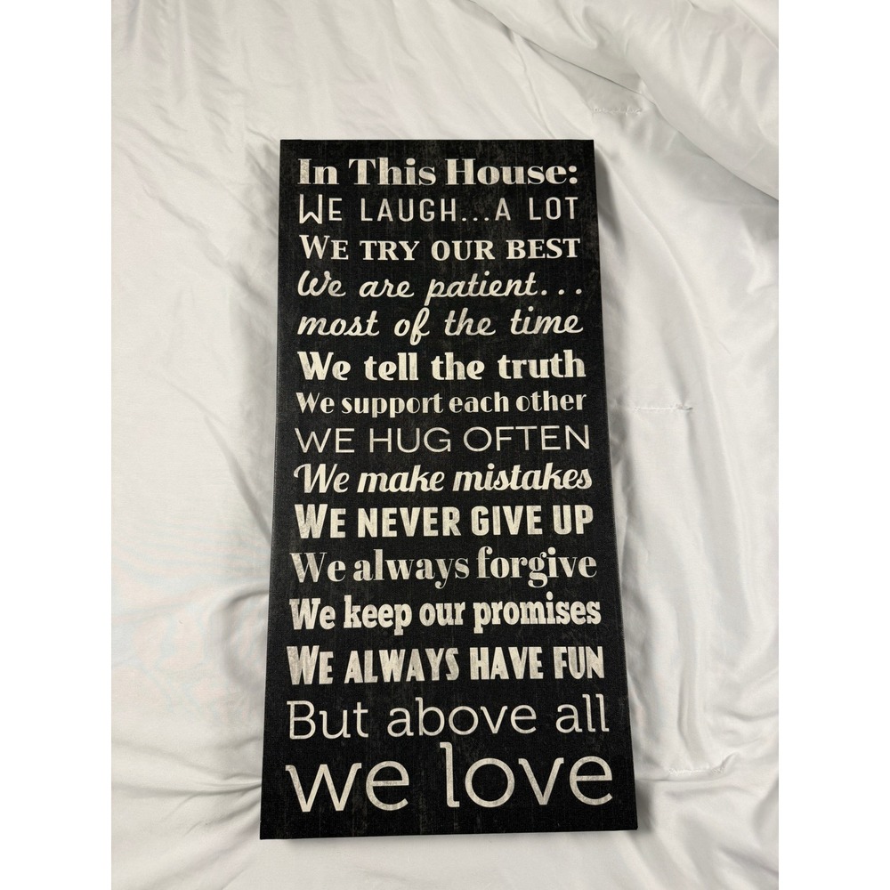 In This House Family Rules Canvas Wall Art Black White Inspirational Decor 24x11